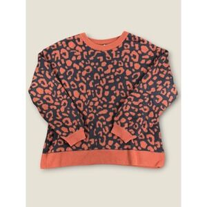 Hema Women Orange Black Leopard Animal Print Fuzzy Feather Knit Sweater Large